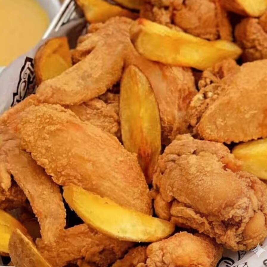 "1kg de asinha e coxinha + 800g de batatas rústicas + 4 molhos (à sua escolha. (""In Natura"", pesagem antes da fritura). Serve de 2 a 3 pessoas."