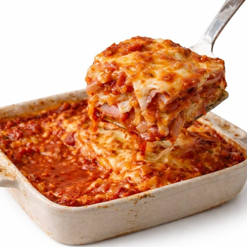 Massa fresca produzida artesanalmente na casa, molho de tomate caseiro, requeijão, queijo mussarela, presunto.