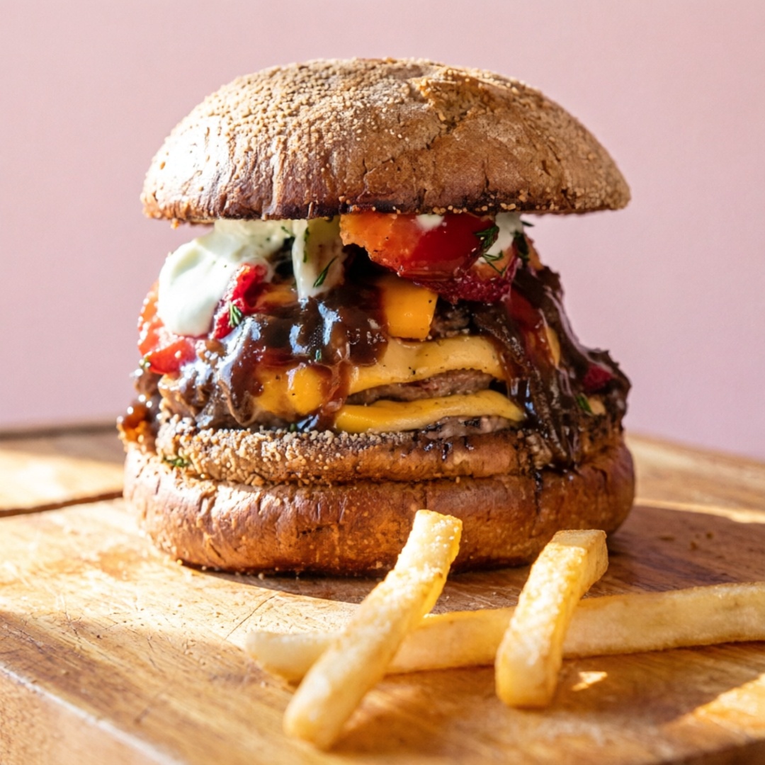 03 carnes de aproximadamente 75g, blend da casa, queijo cheddar, cebola caramelizada, bacon, Molho De Ervas no pão australiano + batata frita+ refrigerante 350ml