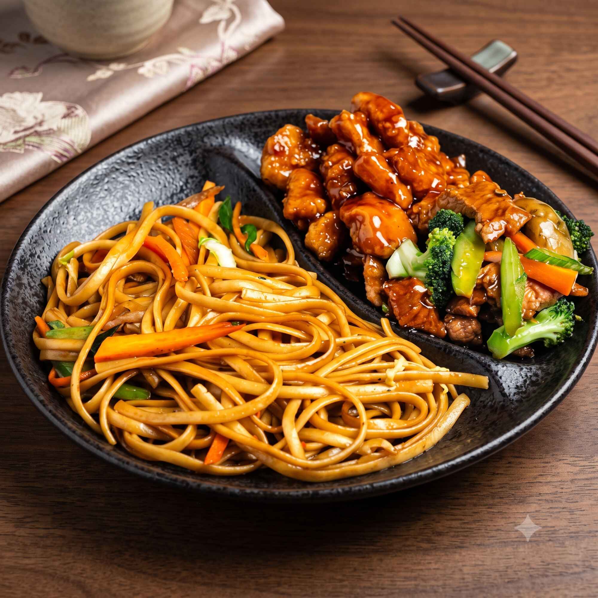 Res con Brócoli y Pollo Agridulce (Fideos)