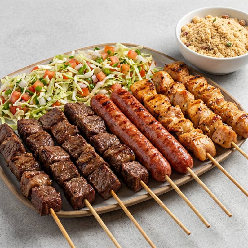 10 Espetinhos variados,linguiça,misto(carne e linguiça),Carne e queijo(Cada espetinho,aproximadamente 110 gramas).Acompanha salada de vinagrete de repolho com tomate e farofa.1 Refrigerante de 2 litros(oq estiver disponível).
