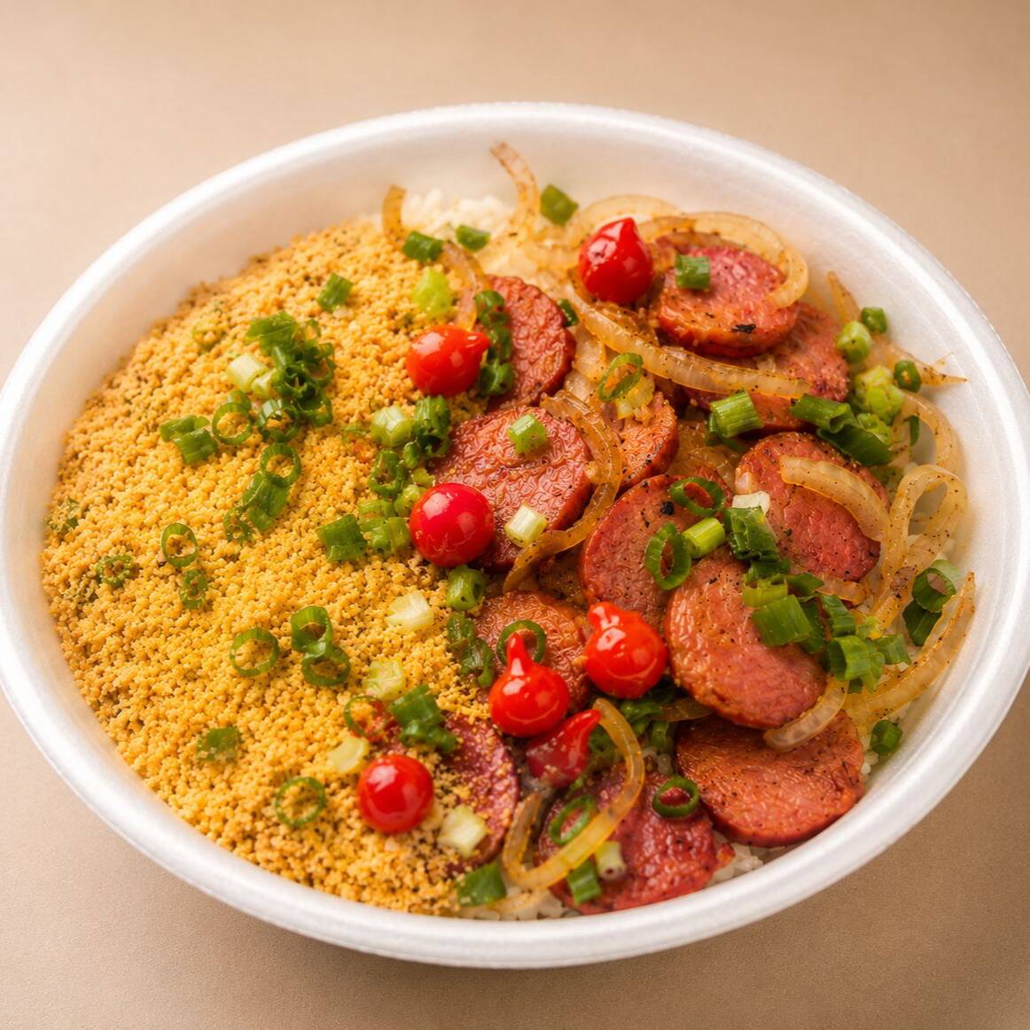 Calabresa Acebolada, servida com arroz soltinho, feijão saboroso e farofa crocante. Serve 1 pessoa.