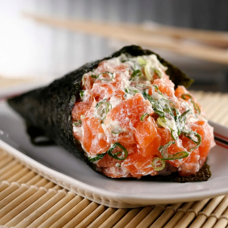 Temaki filadélfia Salmão em cubos com cream cheese cremoso e cebolinha