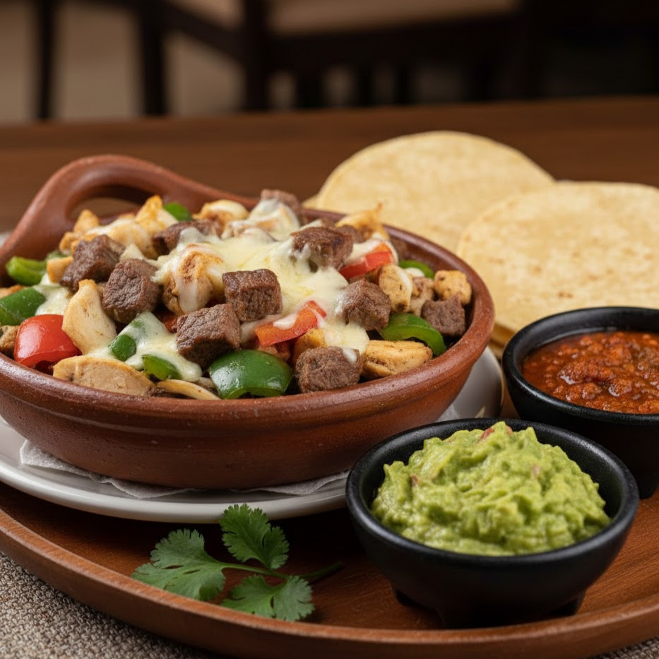 Cubos de carne e frango, cebola pimentão e queijo. Acompanhada de tortilha, guacamole e chilli