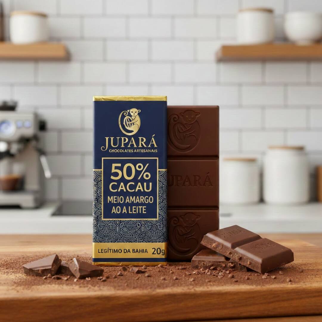 Chocolate meio amargo com teor de 50% cacau e inclusão de pedacinhos de amêndoas de cacau torradas. Produto delicioso e de sabor equilibrado que agrada tanto os apreciadores de chocolate ao leite quanto os de chocolates amargos. Sem glúten Sem gorduras hidrogenadas Ingredientes: massa de cacau artesanal, açúcar, leite, manteiga de cacau e nibs.