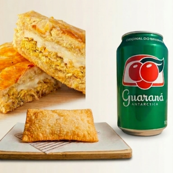 1 empadão frango cremoso 500g + 1 pastel de calabresa com queijo+1 refri em lata
