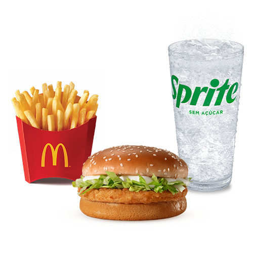 Frango empanado, maionese, alface americana e pão com gergelim com acompanhamento e bebida.