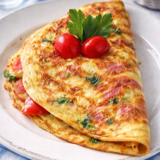 Massa a base de ovos , cheiro verde e tomate, recheado com queijo e tomate cereja.