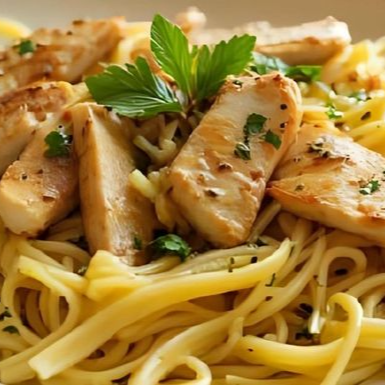 Macarrão alho e oleo com iscas de frango grelhada.