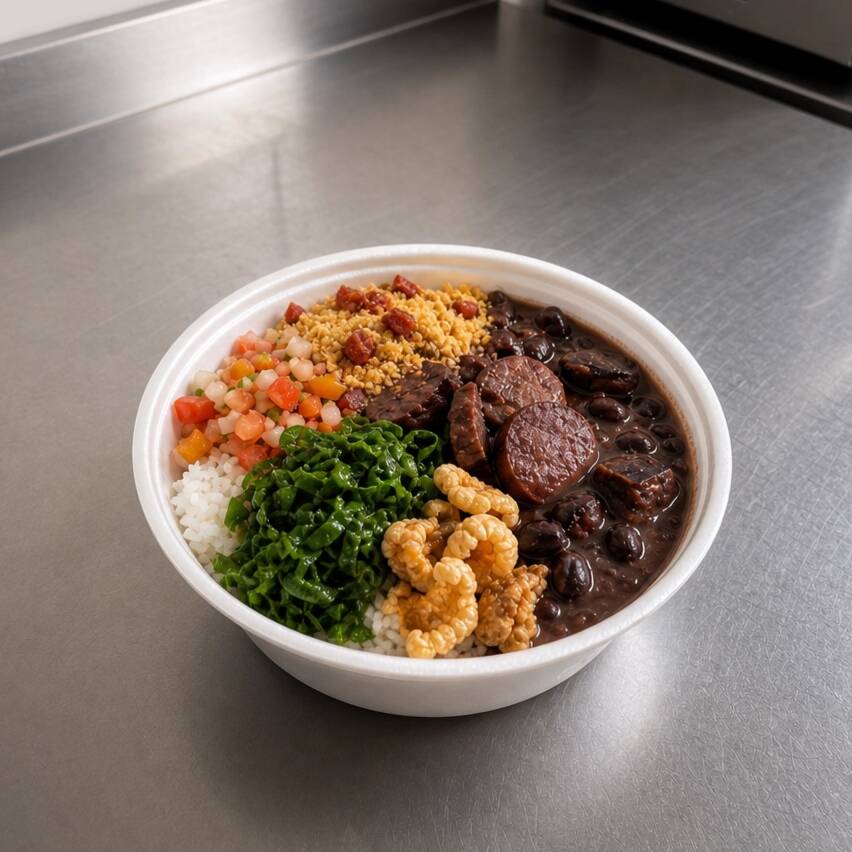 Arroz fresquinho, feijoada somente com Calabresa, Paio, Carne seca, Bacon, costelinha suína e pernil, couve refogada, Torresmo crocante, Farofa de calabresa e vinagrete temperado. Enviado na marmita Pequena