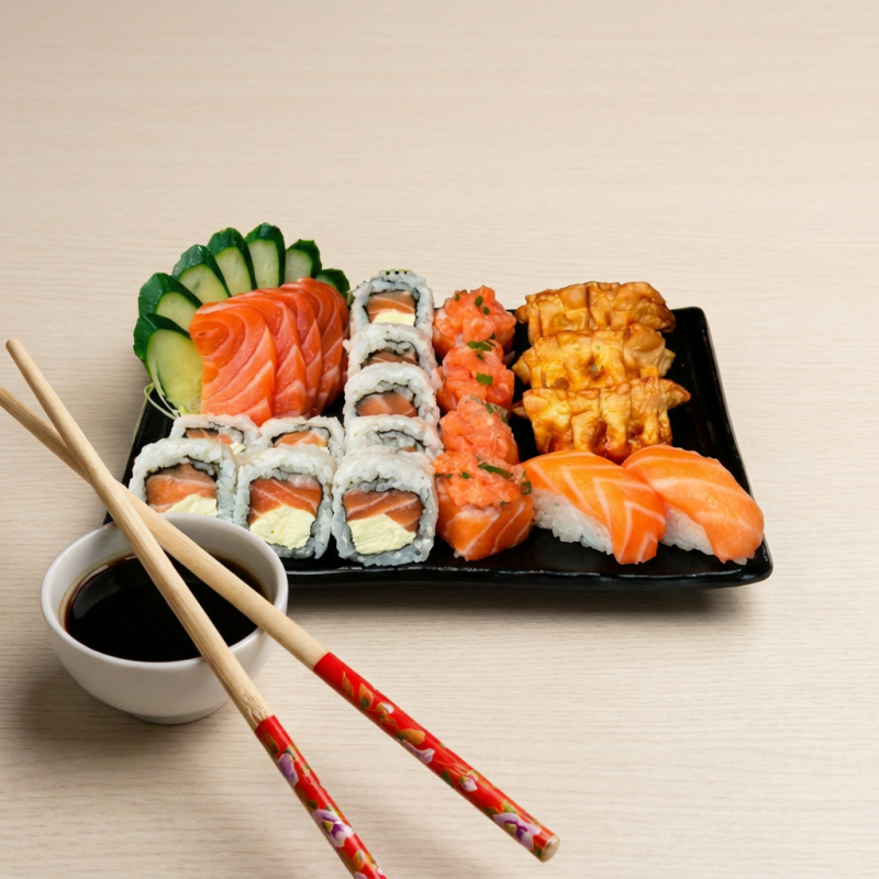 9 uramaki filadelfia , 5 sashimi de salmão , 4 joes , 2 niguiri de salmão , 3 guiozas