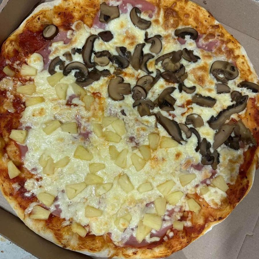 Pizza Mitad Hawaina Mitad Champiñon (Grande)