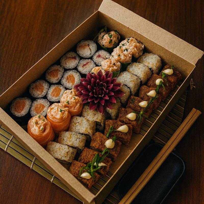 Combinado especial com 10 hot rolls crocantes, 10 hossomakis, (sendo 5 peças de kani,5 de salmão), 5 joes de salmão 5 joes de pepino e 10 uramakis. Uma seleção completa para quem busca variedade , frescor e muito sabor em um unico box.