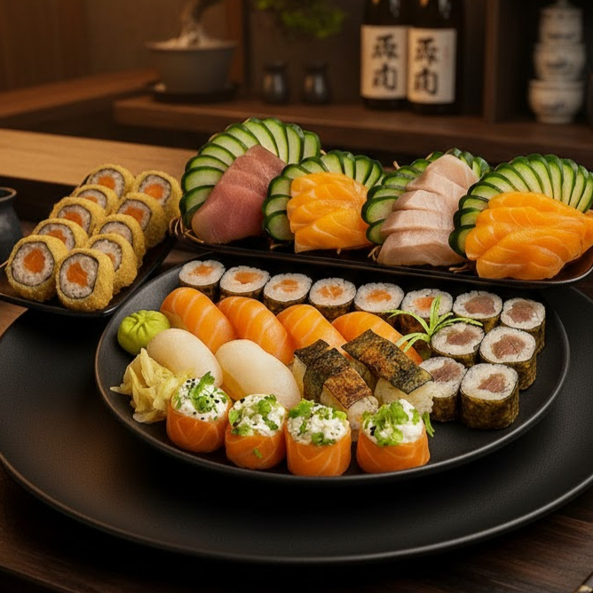 8 Sashimis Salmão + 5 Sashimis Atum + 5 Sashimis Peixe Branco + 4 Sushis Salmão + 2 Sushis Skin + 2 Sushis Peixe Branco + 4 Joe Joe + 6 Filadélfias Salmão + 6 Filadélfias Atum + 12 Hots Salmão Filadélfia