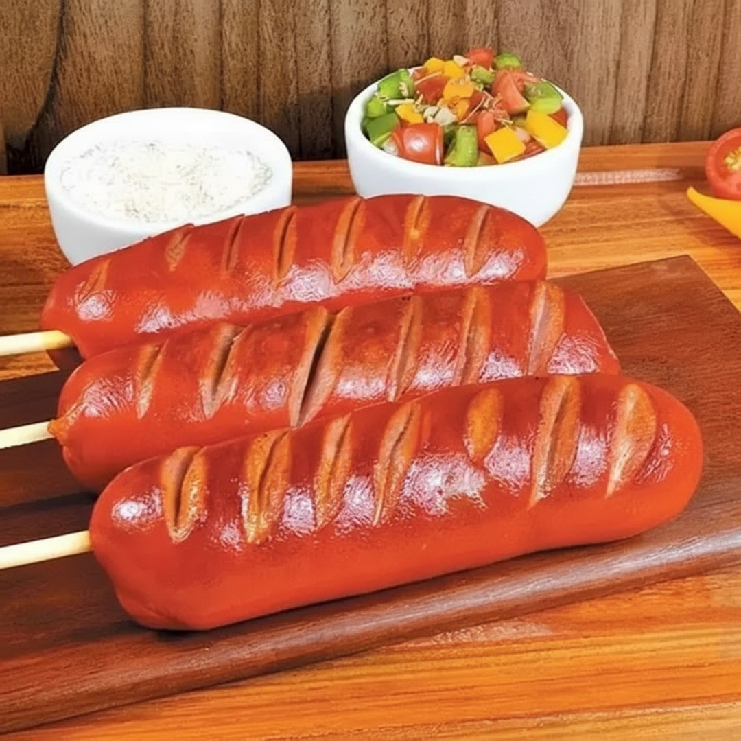 Delicioso espetinho de salsichão.