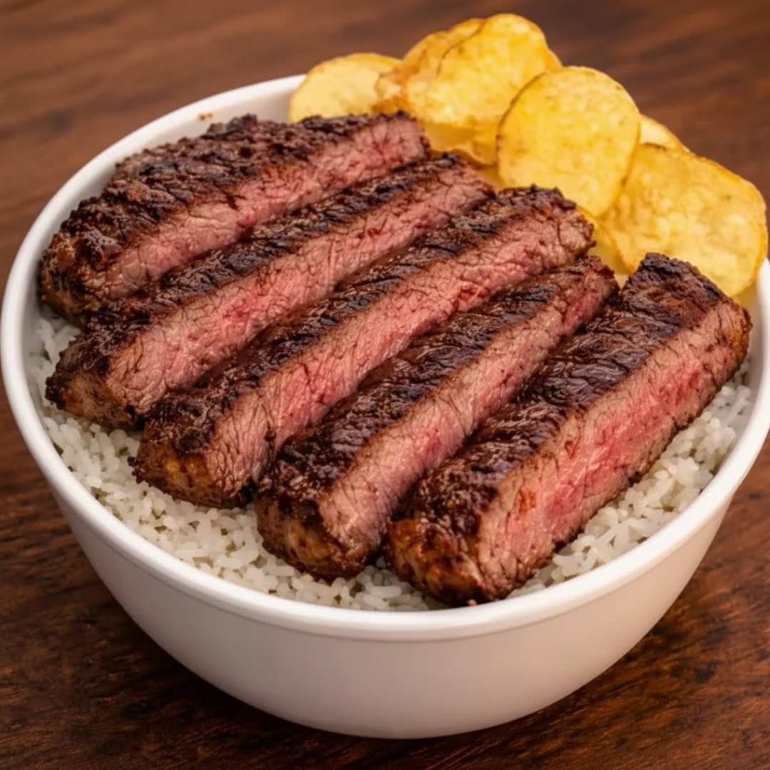 A Churrascaria Boi Branco apresenta a 'Marmita de Fraldinha na Brasa'. Este prato primoroso conta com pedaços suculentos de fraldinha meticulosamente selados na brasa, harmonizados com um arroz branco leve e atraentemente soltinho, um feijão carioca ricamente temperado com sabor caseiro, uma farofa crocante e irresistível, e fritura na perfeição. Sempre fresca e diversificada. Servimos este prato caseiro e cheio de sabor no almoço. O tamanho da marmita é ideal para satisfazer o seu apetite. Experimente essa deliciosa experiência gastronômica!