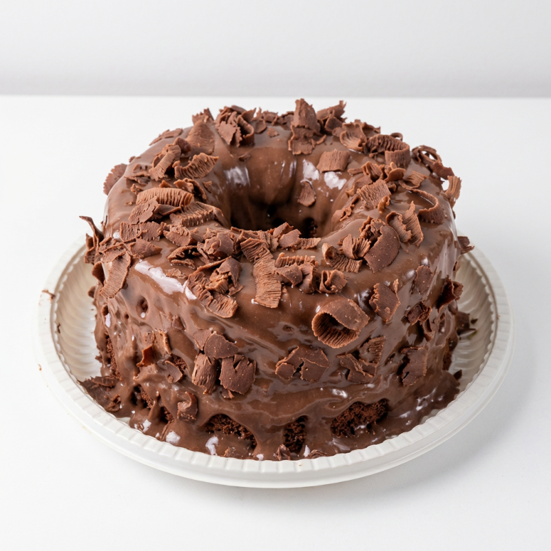 Massa fofinha de chocolate, com cobertura de chocolate. ( aprox. 650g , serve 4 pessoas)