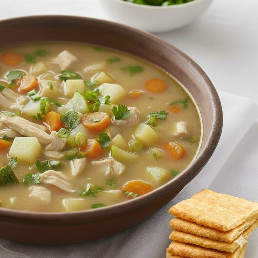 Deliciosa e nutritiva sopa de frango com legumes, essa sopa traz conforto, bem estar, uma sopa leve feita com legumes 100% naturais e fresquinhos, bem temperadinha e finalizada com cheiro verde. É saborosa e faz bem! Acompanhada de torradinhas toast crocantes (Opcional)