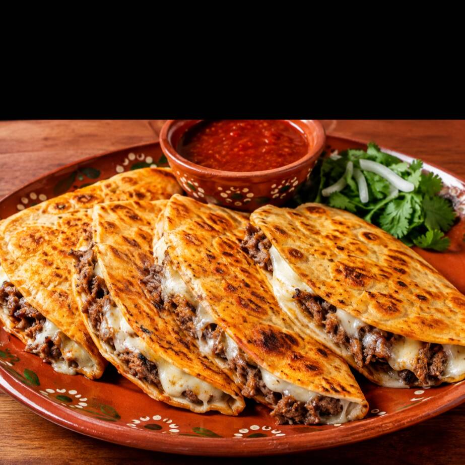4 quesadillas de carne de res asada con quesso