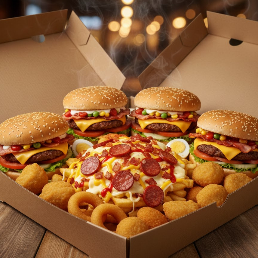 4 X TUDO, BATATA MALUCA 420G (MUÇARELA, CHEDDAR, BACON E CALABRESA), 10 ONIONS RINGS, 10 NUGGETS, 10 OVOS DE CODORNA E 10 SALGADINHOS.