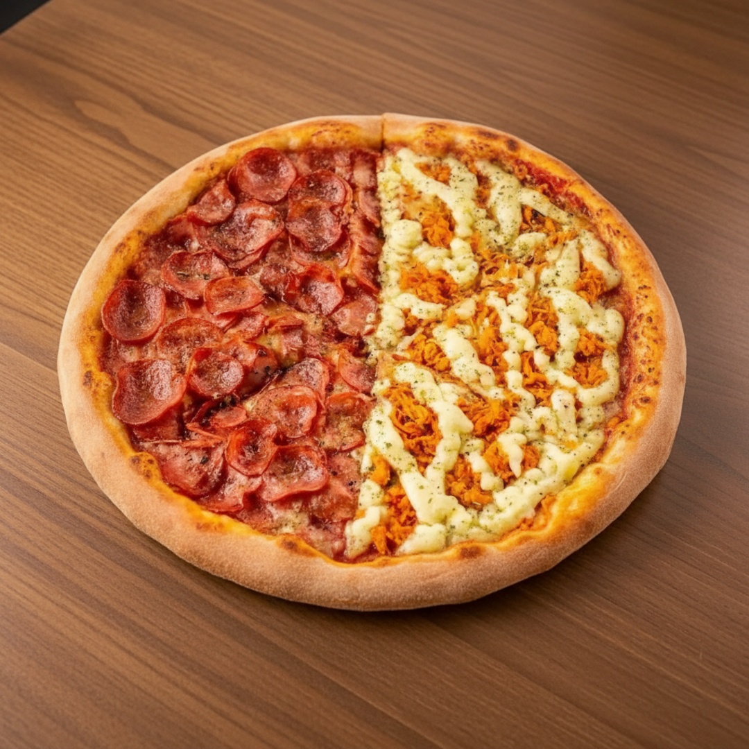 Desfrute desta divina pizza de 8 pedaços, uma das nossas campeãs de venda na categoria 'Sugestões Mais Vendidas'. De um lado um delicioso Frango desfiado e do outro a deliciosa calabresa. Venha experimentar esta obra-prima culinária e entenda por que ela se tornou uma de nossas favoritas!
