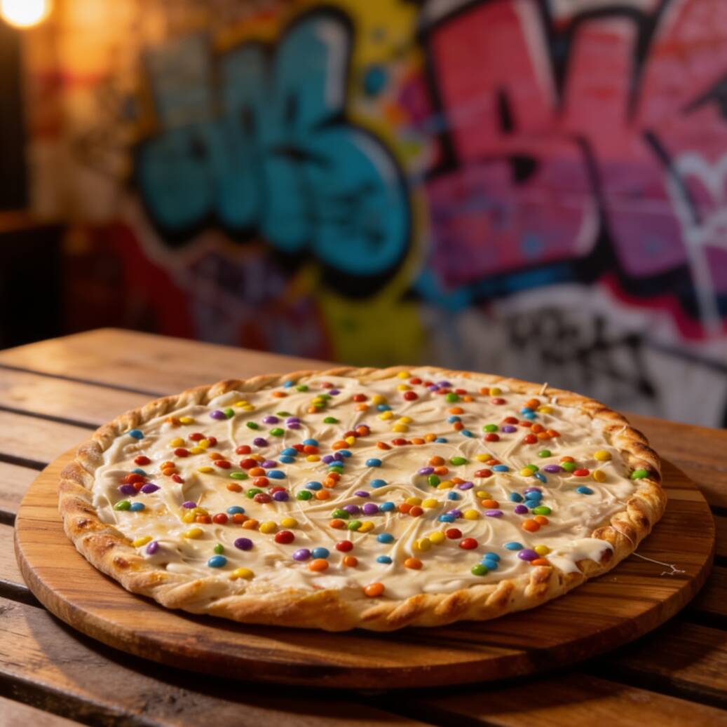 Deliciosa Pizza Doce (25cm e 4 fatias) recheada Banana, Canela em pó, Creme de Leite, Mussarela e Açúcar.