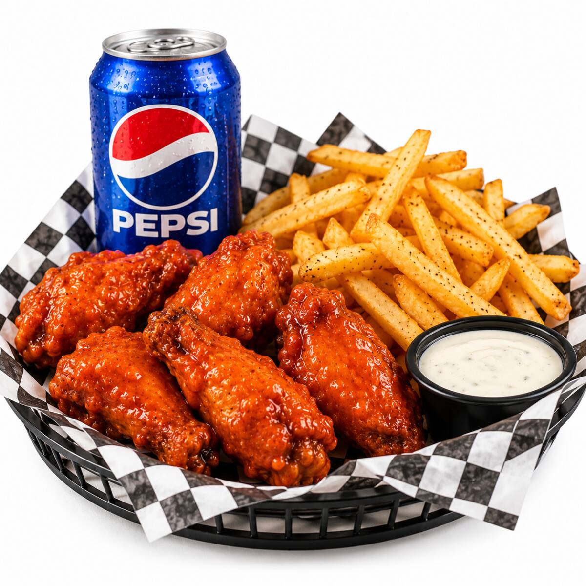 5 Alitas + 200gr de Papas + 1 Ranch + PEPSI