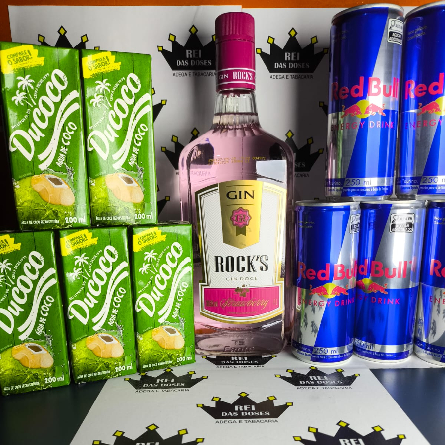 COMBO GIN ROCK´S STRAWBERRY 1L,5 RED BULL,5 GELOS (A ESCOLHA),3 COPOS E 3 CANUDOS ,