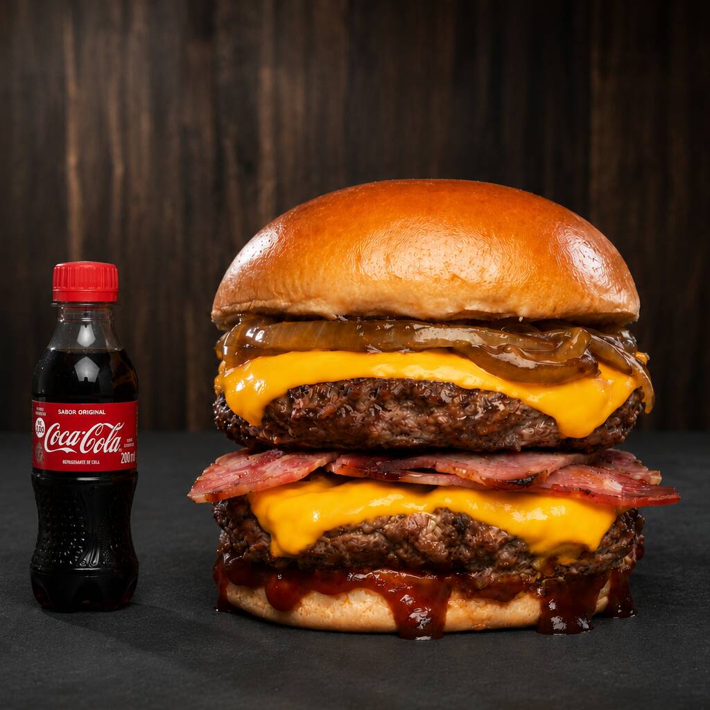 Pão brioche, molho da casa, 3 hambúrgueres bovinos , bacon crocante triplo, mussarela, Catupiry, cheddar, alface e tomate. Acompanha 1 coca cola 200ml gelada!