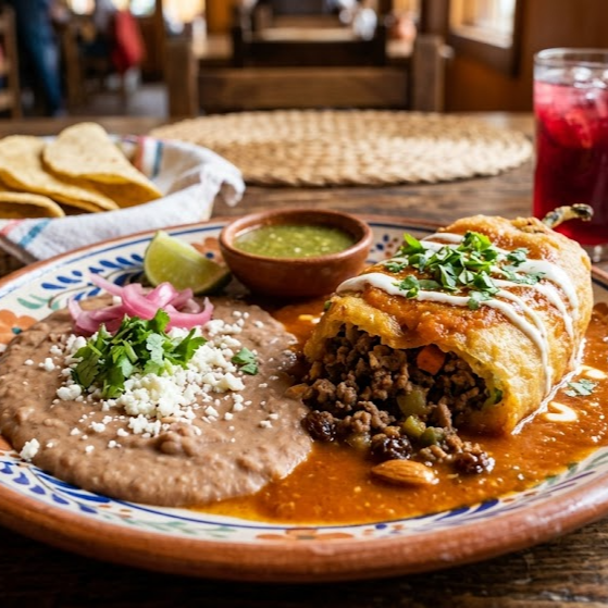 Chile Relleno de Picadillo con Frijoles