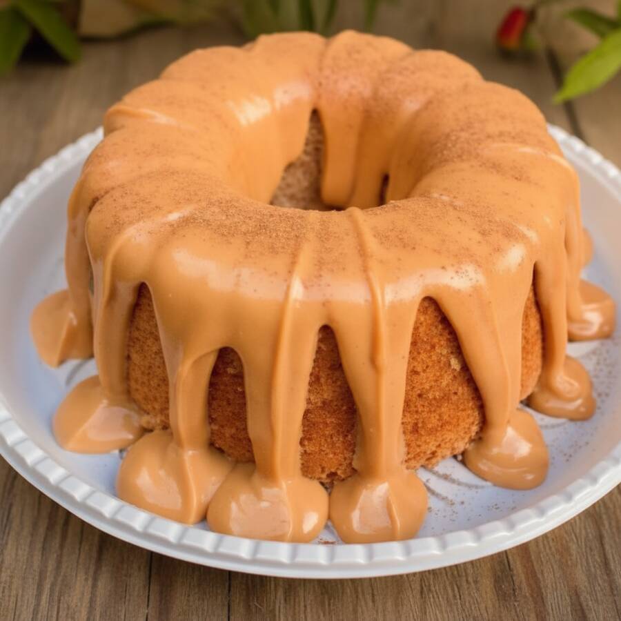 (delicioso bolo de churros com cobertura de doce de leite