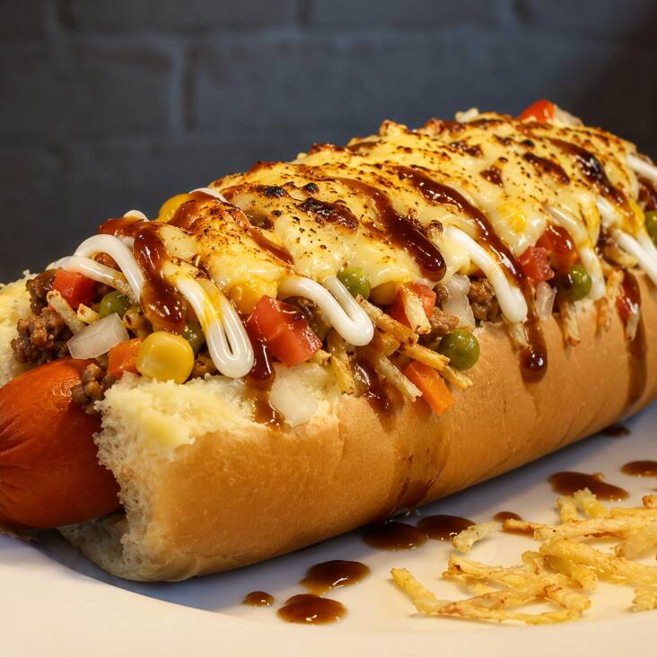 Pão, salsicha, carne moida, cheddar, Catupiry, cebola, tomate, milho, cenoura, ervilha, batata palha, pure, queijo mussarela maçaricado, barbecue, maionese (caseira)