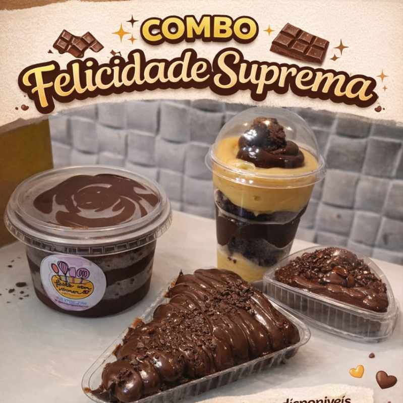 🍰🍫 COMBO FELICIDADE SUPREMA 🍫🍰 Um combo irresistível para quem ama doce e não abre mão de variedade! ✅ 01 Copo da Felicidade ✅ 01 Bolo de Pote ✅ 01 Pizza Brownie 🎉 Sabores disponíveis (à escolha): 🍫 DuO 🍫 Chocolatudo 🍫🍋 Maracujá com Chocolate 🥛🍓 Ninho com Geleia de Morango 💖 Perfeito para adoçar o dia, compartilhar ou se presentear! 📦 Tudo feito com muito carinho, recheios cremosos e chocolate de verdade.