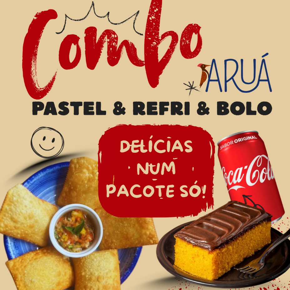 Combo Pastéis Aruá: 5 pastéis médios de queijo, acompanhado de Coca-Cola (tradicional ou zero) e uma fatia de bolo de cenoura. Sabor completo do Aruá que mata a fome e ainda fecha com doce