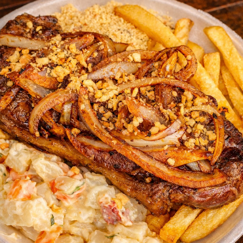 Arroz, feijão, fritas, farofa e salada.