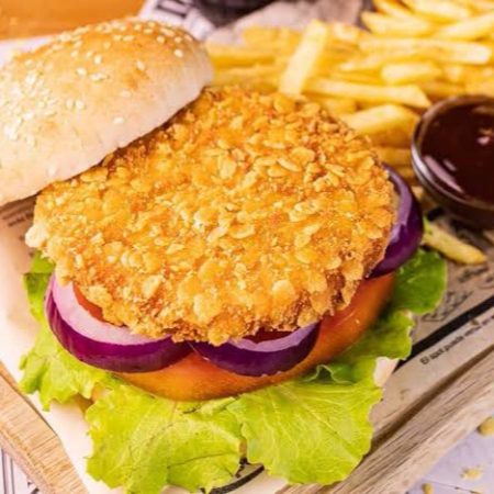 HAMBURGUESA DE POLLO EMPANIZADO CON PAPAS