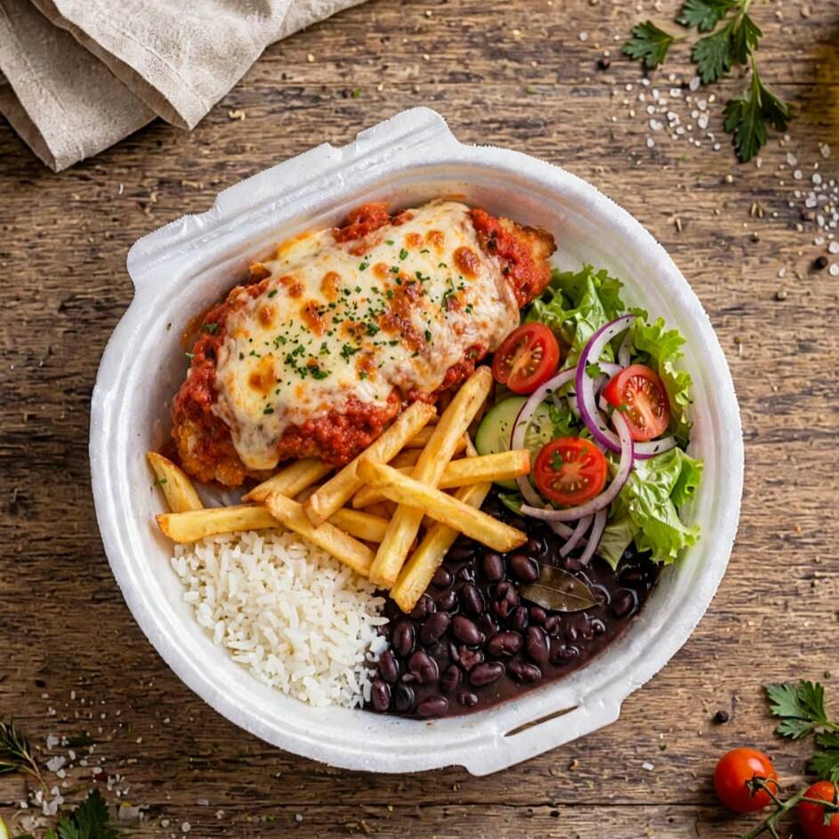 FILÉ DE FRANGO SUCULENTO EMPANADO COBERTO COM MOLHO DE TOMATE E QUEIJO QUE DERRETE NA BOCA COM ARROZ , FEIJÃO, BATATA FRITA CROCANTE
PEÇA JÁ A SUA !!