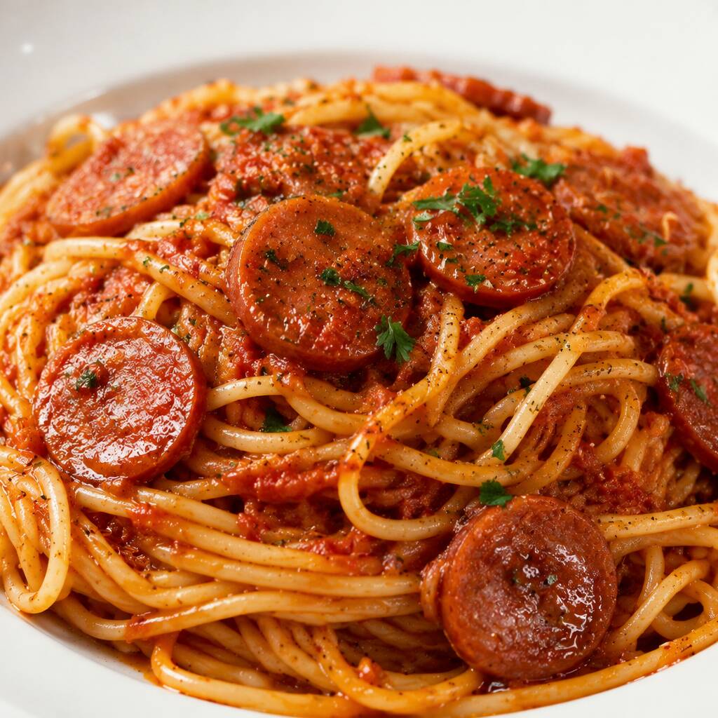 Espaguete com molho de tomate caseiro e calabresa defumada