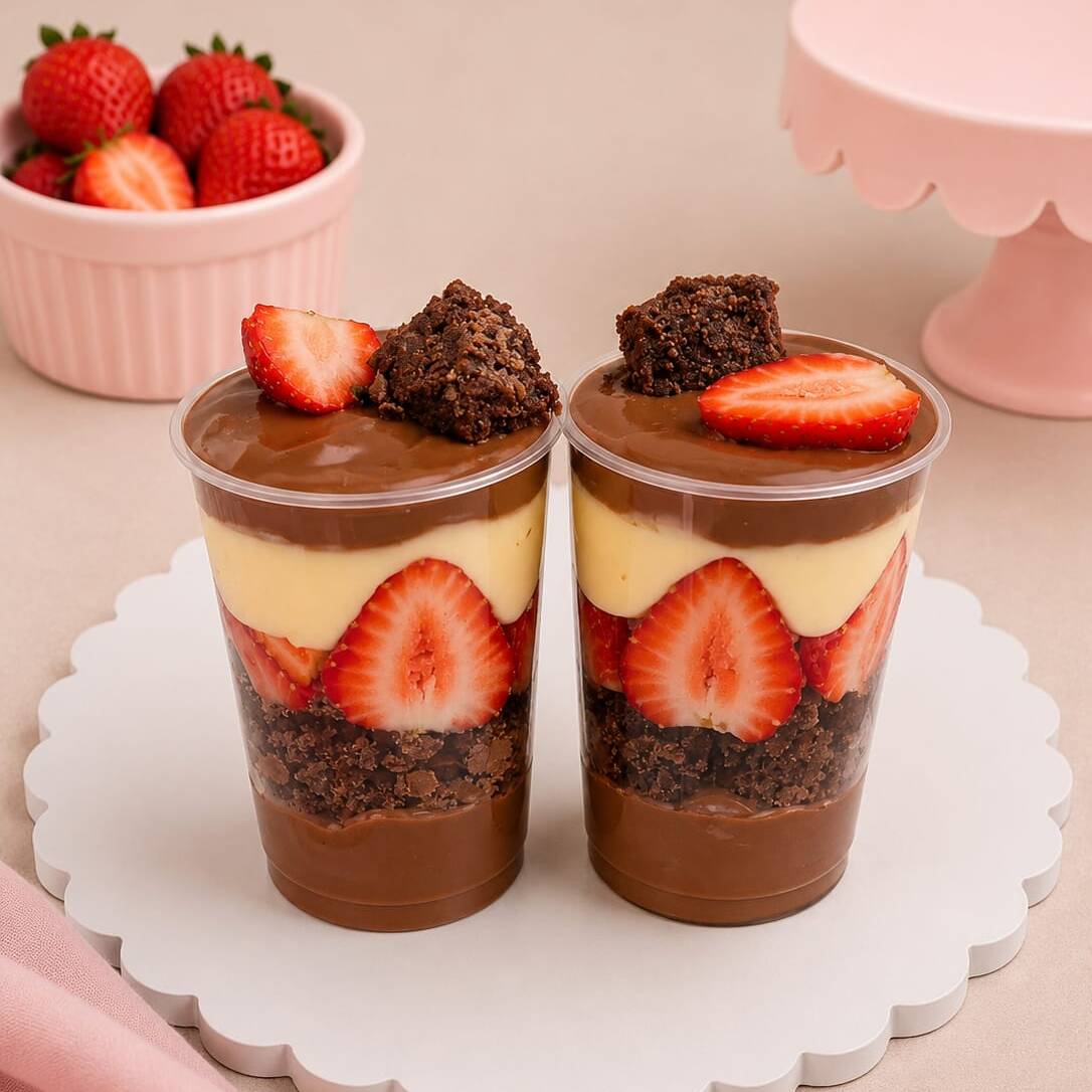 Uma delícia em camadas:
- morangos cortados ao meio
- brigadeiro de ninho
- brigadeiro de chocolate 50%
- cubinhos de brownie macio e chocolatudo.
Peso 260 g