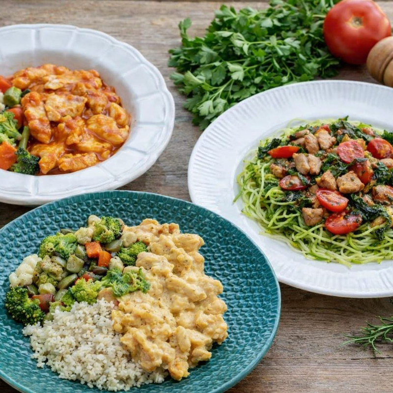 Combo 3 marmitas low carb 350g congelada. Frango na mostarda, arroz de couve flor e legumes: Frango em pedaços, couve flor, abobrinha, cenoura, brócolis, vagem, azeite de oliva, sal, pimenta, ervas, alho, cebola, mostarda e creme de leite. Strogonoffe de frango e legumes: Peito de frango, abobrinha, couve flor, cenoura, brócolis, vagem, azeite de oliva, sal, pimenta, ervas, alho, tomate, cebola, salsinha, creme de leite e champignon. Spaghetti de abobrinha ao pesto com frango: Abobrinha, frango em cubos, tomate cereja, salsa , manjericão, azeite, castanha, alho, queijo parmesão e sal.