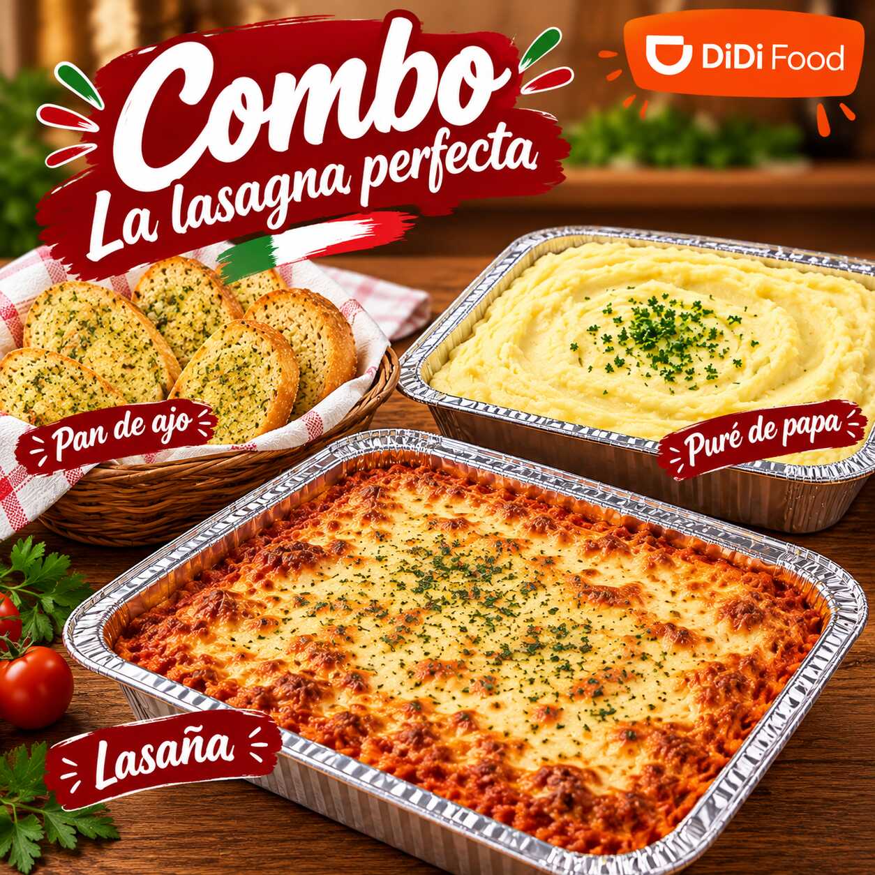 Lasagna Individual + Pure de Papa + Pan de Ajo