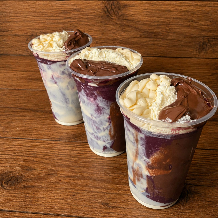 São 3 copos de 500 ml cada do nosso super saboroso açaí Duas Sensações
