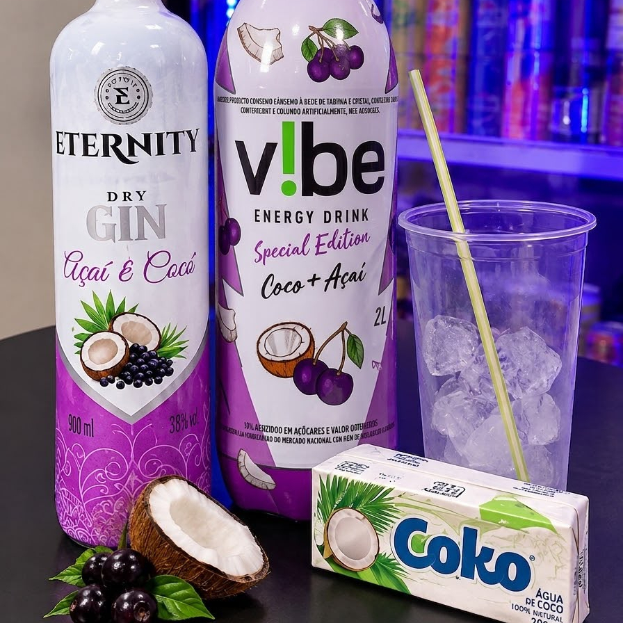Um combo saboroso de Gin Eternity de Açaí e coco c/ Vibe 2 litros de Açai e coco, 4 gelos de coco , 4 copos 750ml