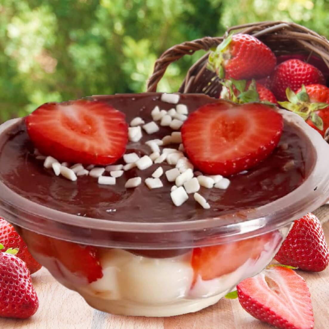 Creme de Ninho com muitos morangos frescos e cobertura cremosa de chocolate belga com granulado branco e morangos. Pesando aproximadamente 320 gramas