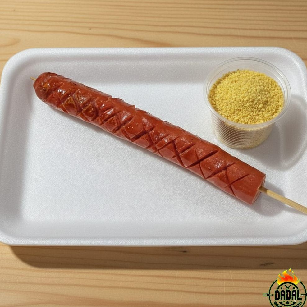 Espetinho de calabresa mista, com sabores variados, acompanhado de farofa.