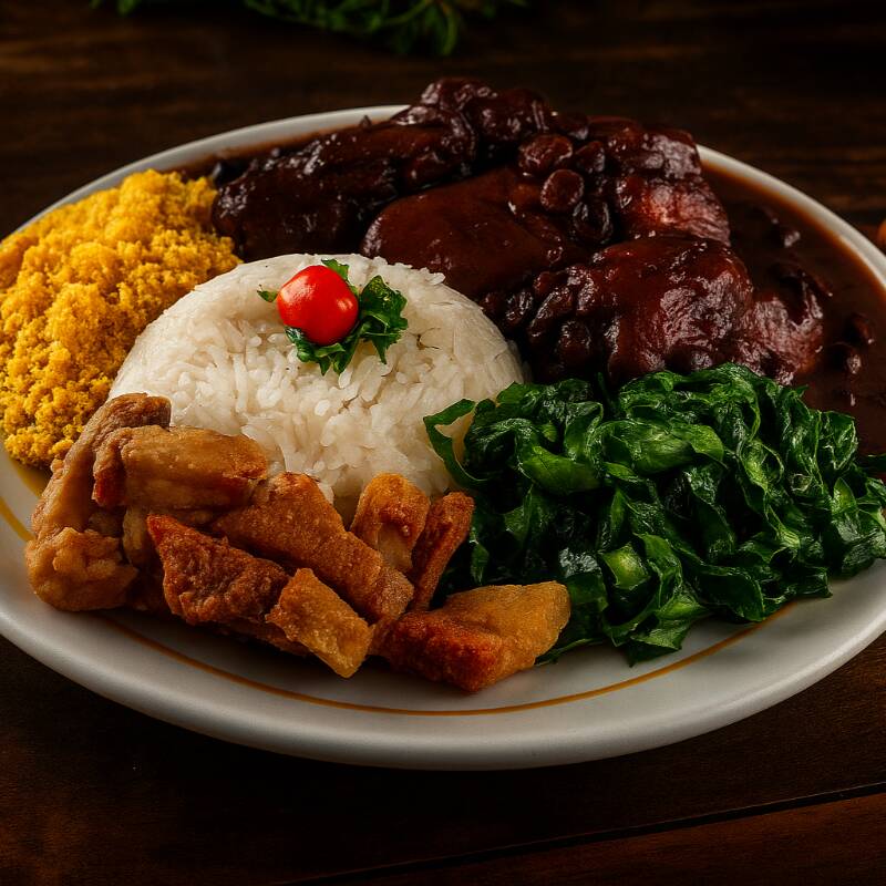 Feijoada magra: carne seca, lombinho fresco, costelinha suína, linguiça calabresa e linguiça paio. Acompanhado de: arroz branco, couve refogada na manteiga, torresmo, vinagrete e deliciosa farofa de chef. Pote de 500ml de feijoada exclusiva