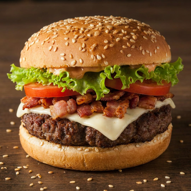 pao, hambuguer, bacon picadinho, alface, tomate, molho da casa.