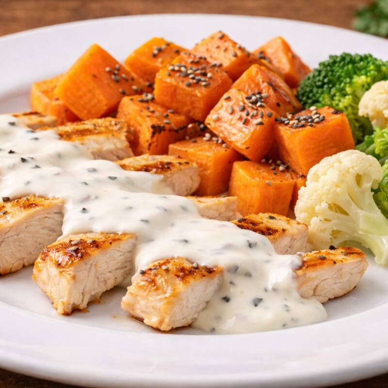 Frango grelhado com molho siciliano funcional, servido com um mix de legumes com chia. Ideal para uma refeição leve e cheia de sabor, perfeita para manter a dieta lowcarb. (243 Calorias, 48g de Proteínas) Atenção: este produto é entregue ultracongelado. Basta aquecer e aproveitar uma refeição saudável, prática e saborosa, 100% sem glúten, sem lactose e sem açúcar.