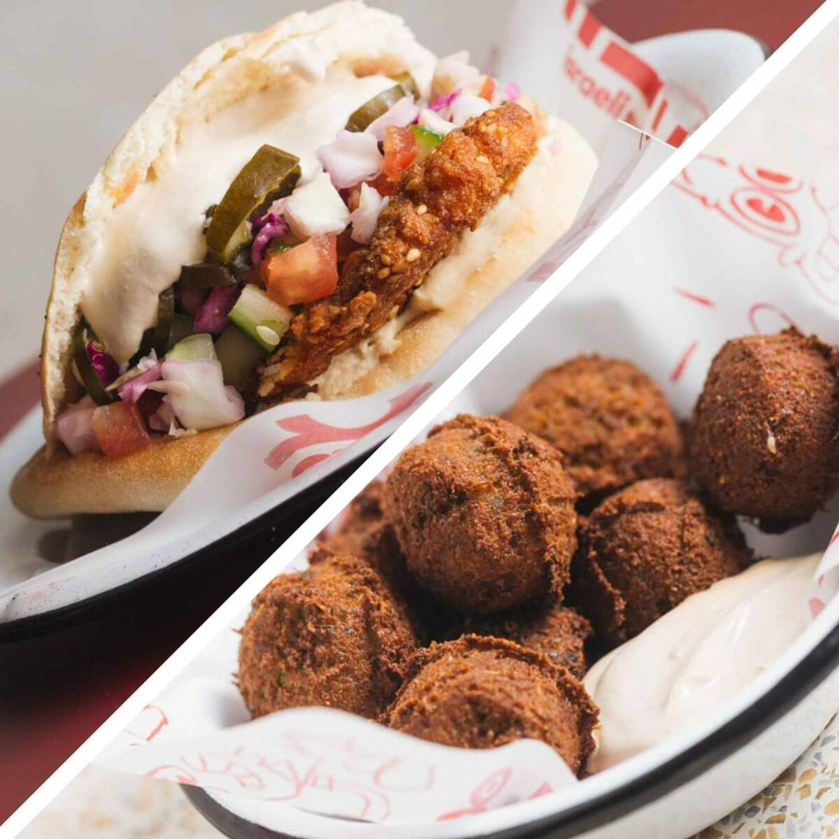 O imperdível do Pinati: Schnitzel na Pita! Filé de frango empanado com gergelim, salat israeli (tomates e pepinos em cubos), hummus, tehina, repolho e picles de pepino, servido na pita. Acompanha 5 bolinhos crocantes de grão-de-bico temperados com especiarias da casa.