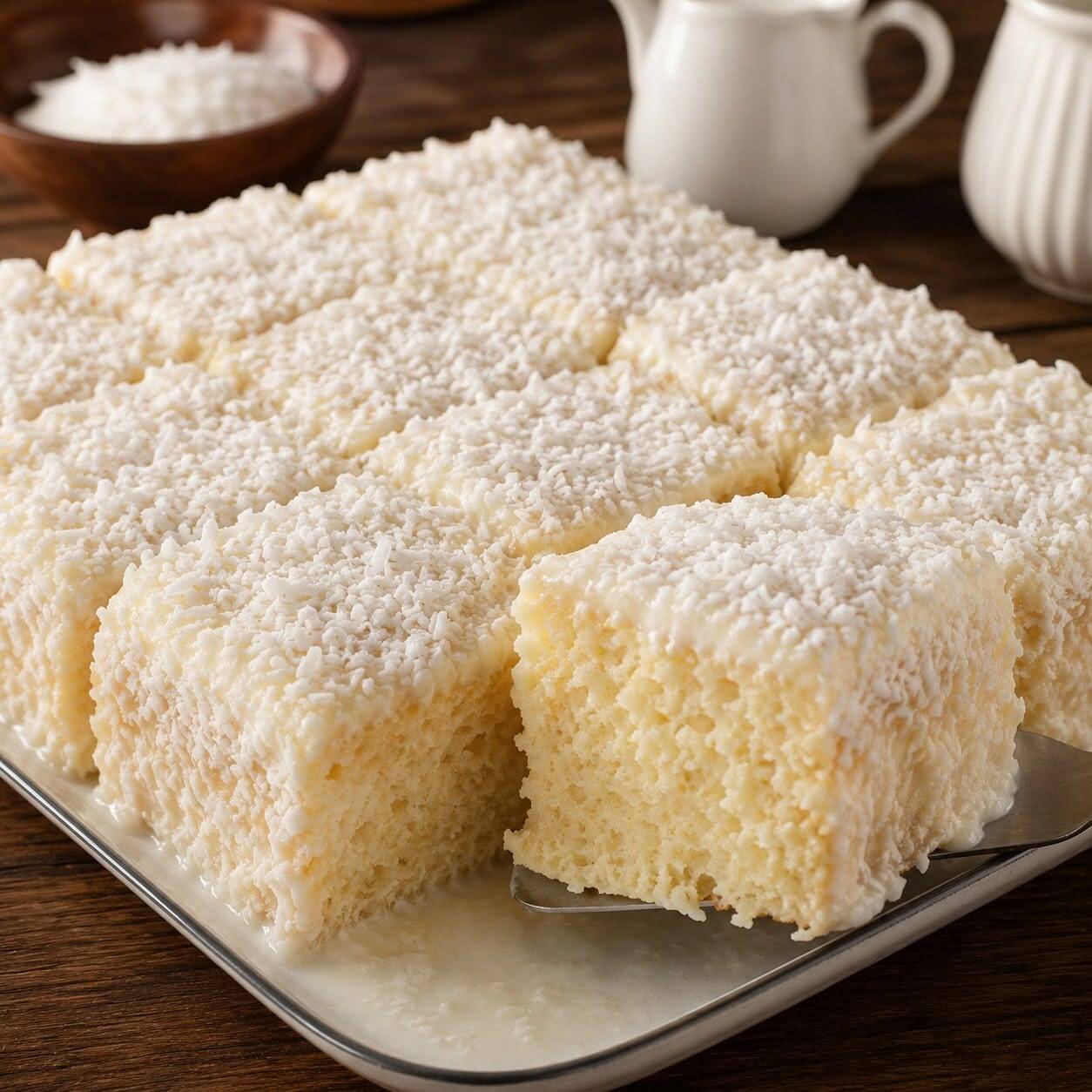 Bolo branco molhado com leite de coco e creme de leite, cobertura de creme de leite, leite condensado e coco fresco, e serve 1 pessoa.